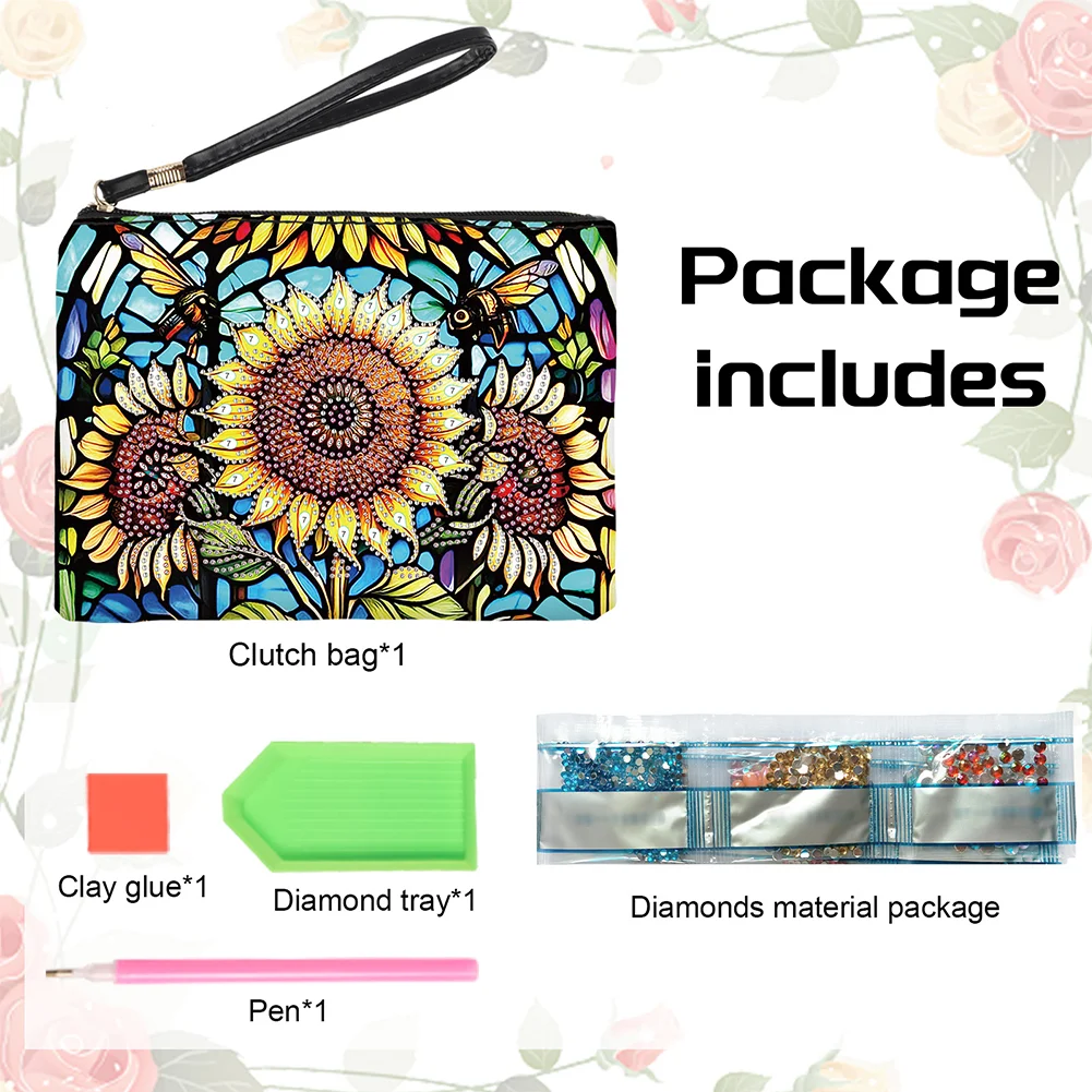 DIY Sunflower PU Partial Special Shaped Diamond Painting Wallet Makeup Bag