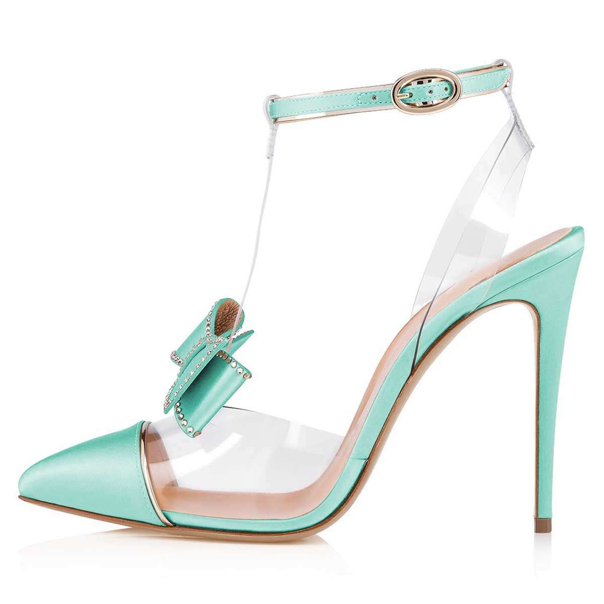 GOOSHOE Cyan PVC Bow T-Strap Stiletto Pumps