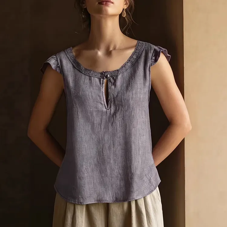 Women's Retro Solid Color Lace Round Neck T-shirt