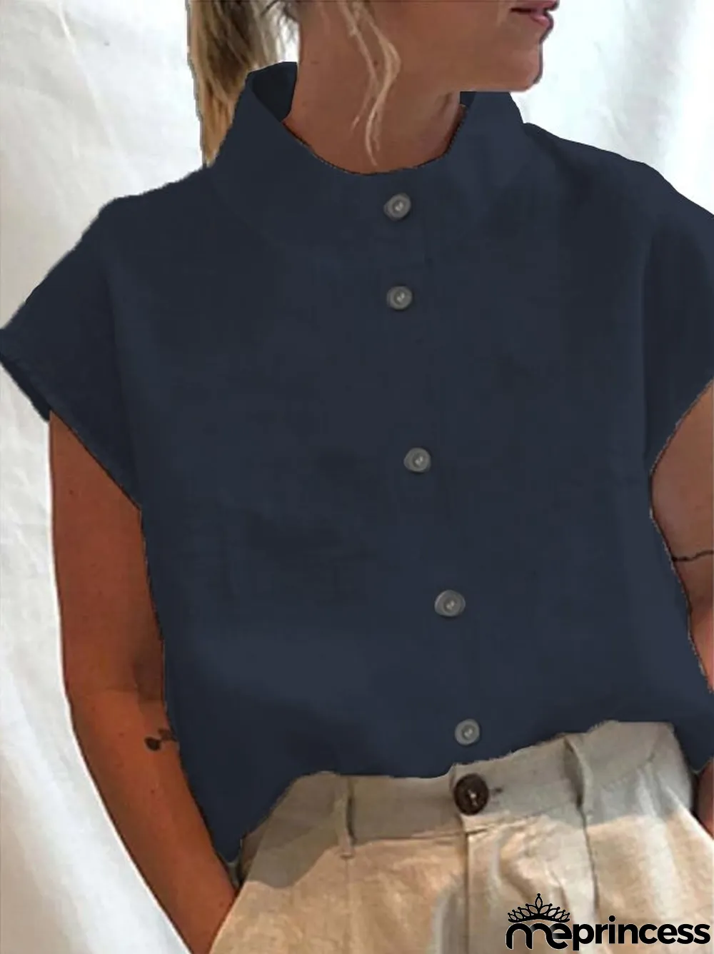 Solid Color Half Turtleneck Button Down Casual Shirt