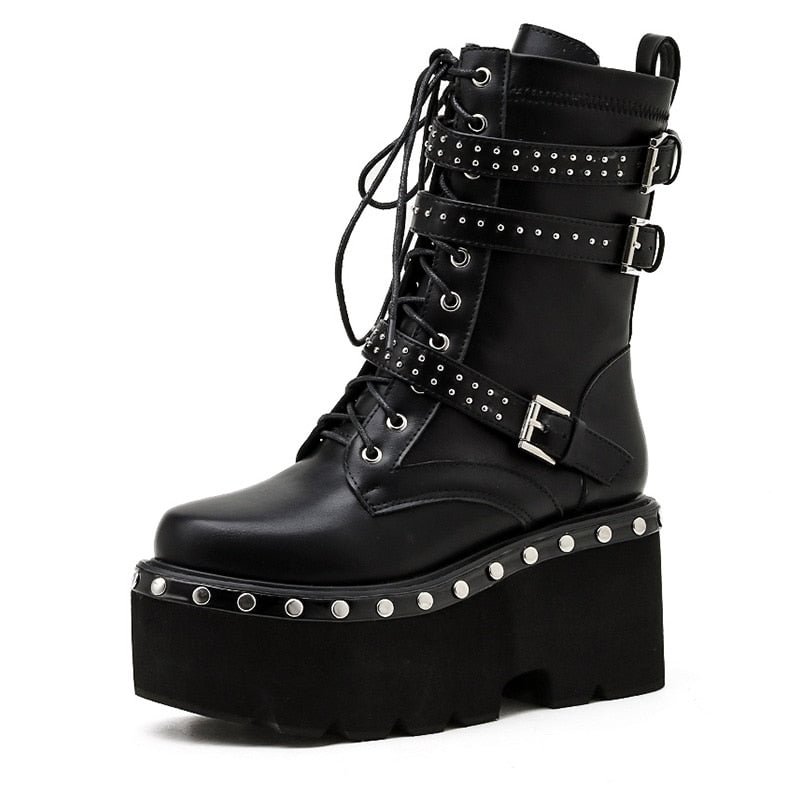 Gdgydh 2021 Spring Lace-Up Motorcycle Boots For Women Round Toe Thick Platform High Heels Female Ankle Boots Gothic Style Shoes