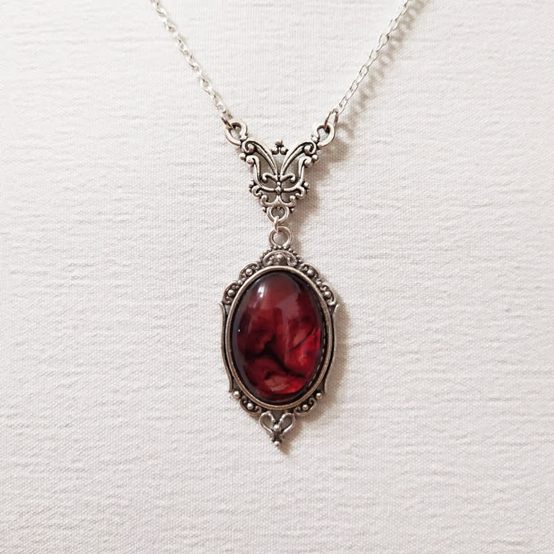 Delicate Blood-red Oval Glass Necklace
