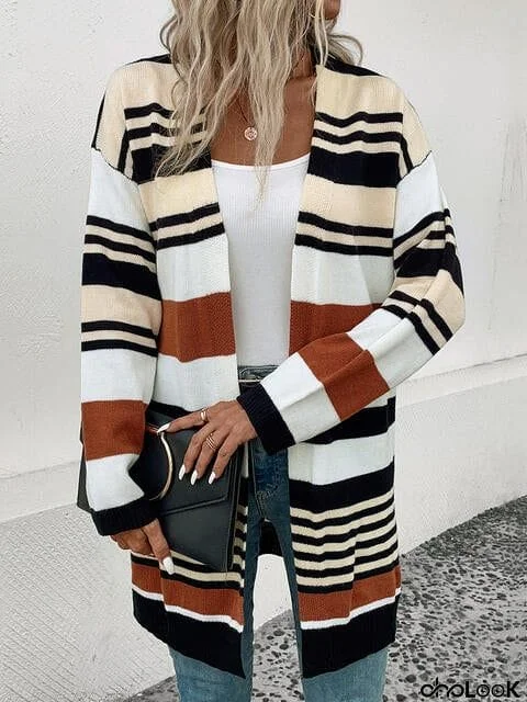 Striped Open Front Drop Shoulder Cardigan
