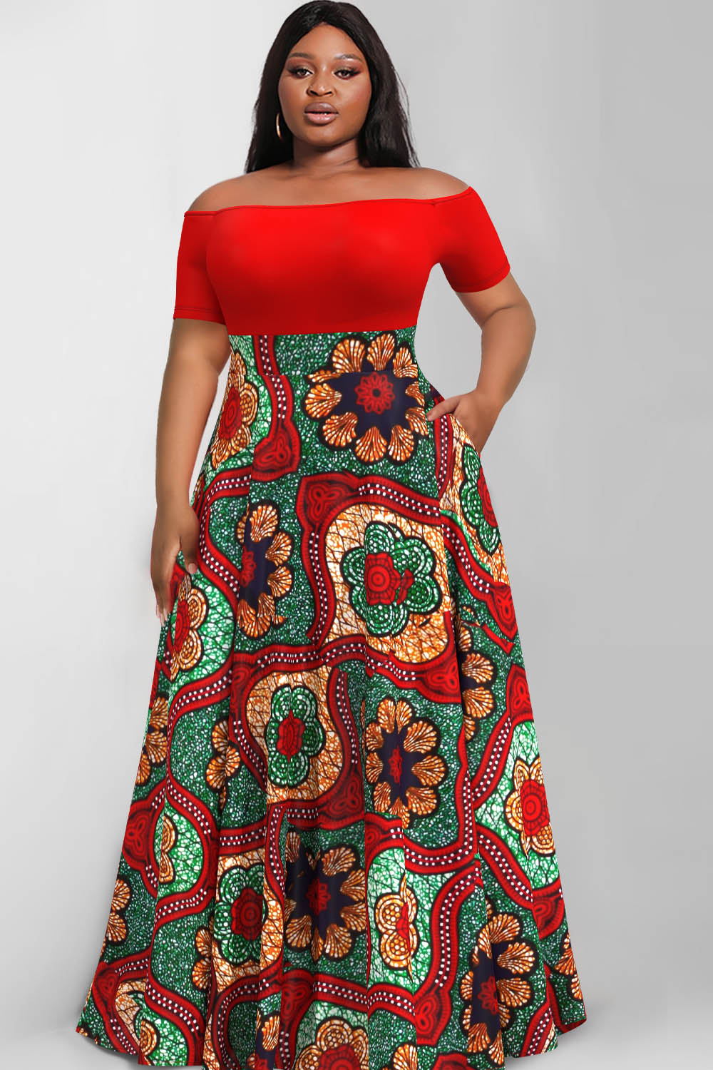 Design Plus Size Boho Colorblock Floral Print A-Line Off Shoulder Ankara Maxi Dresses [Pre-Order]
