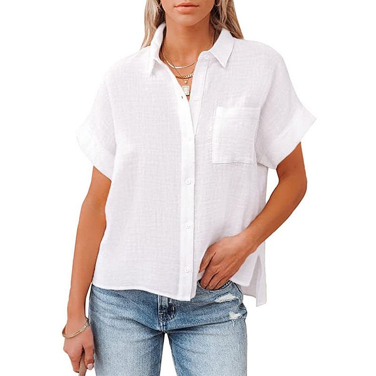New Cotton Linen Short Sleeve Casual Side Slit Pocket Shirt socialshop