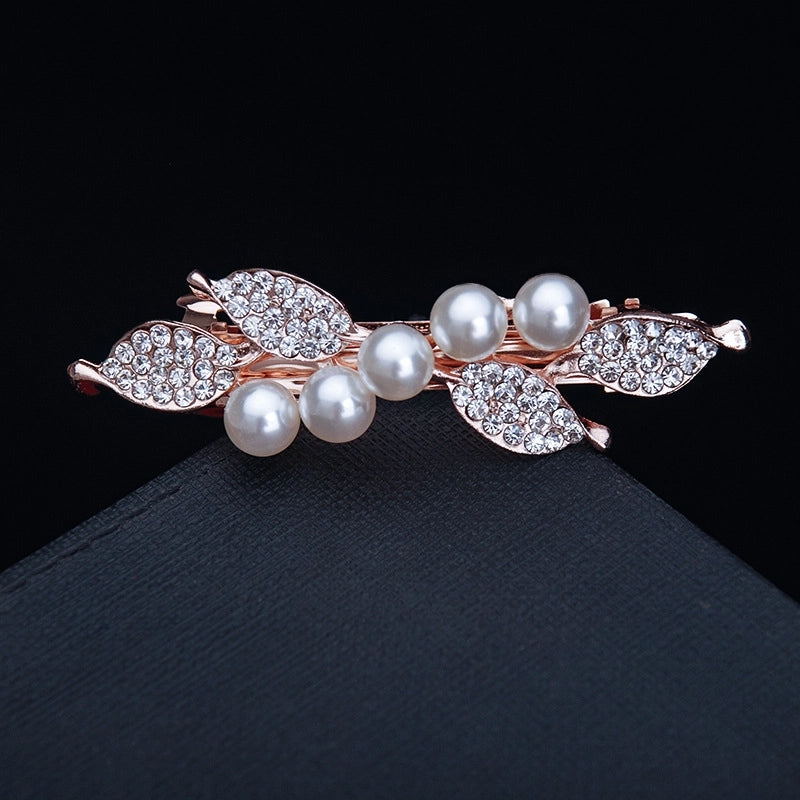 Korean Hair Accessories Rhinestone Bow Simple Hairpin Adult Pearl Horizontal Clip Ponytail Clip Top Clip Spring Clip Small