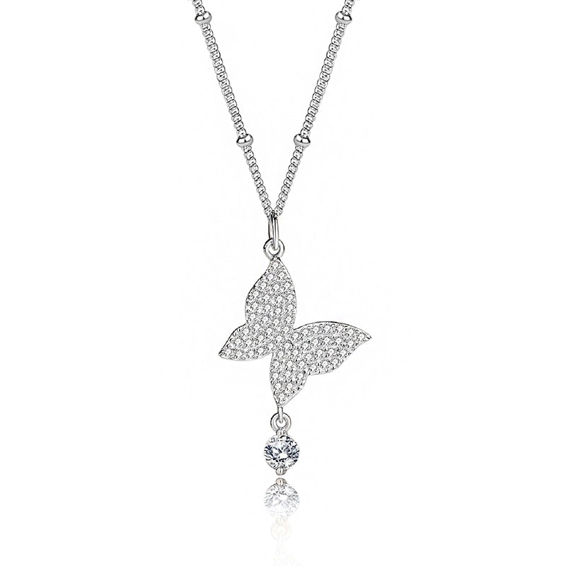 925 Sterling Silver Zircon Plating Inlay Butterfly Pendant Necklace