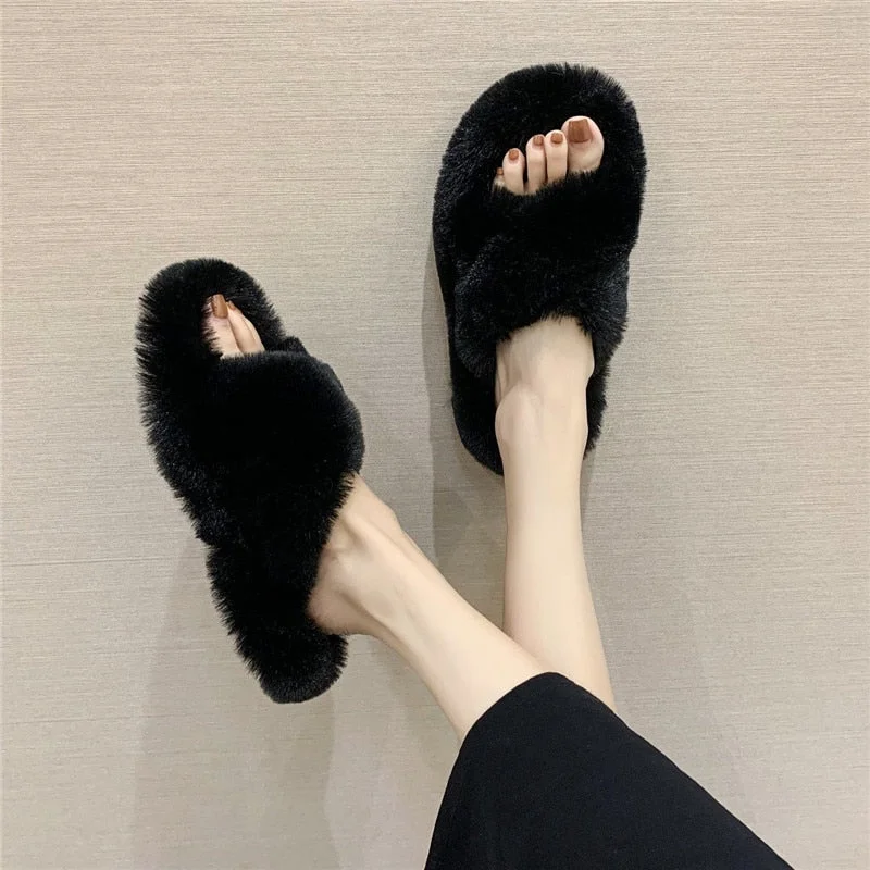 2021 Winter Women House Furry Slippers Fashion Faux Fur Warm Comfortable Women Flats Female Home Slides Black Plush Slippers