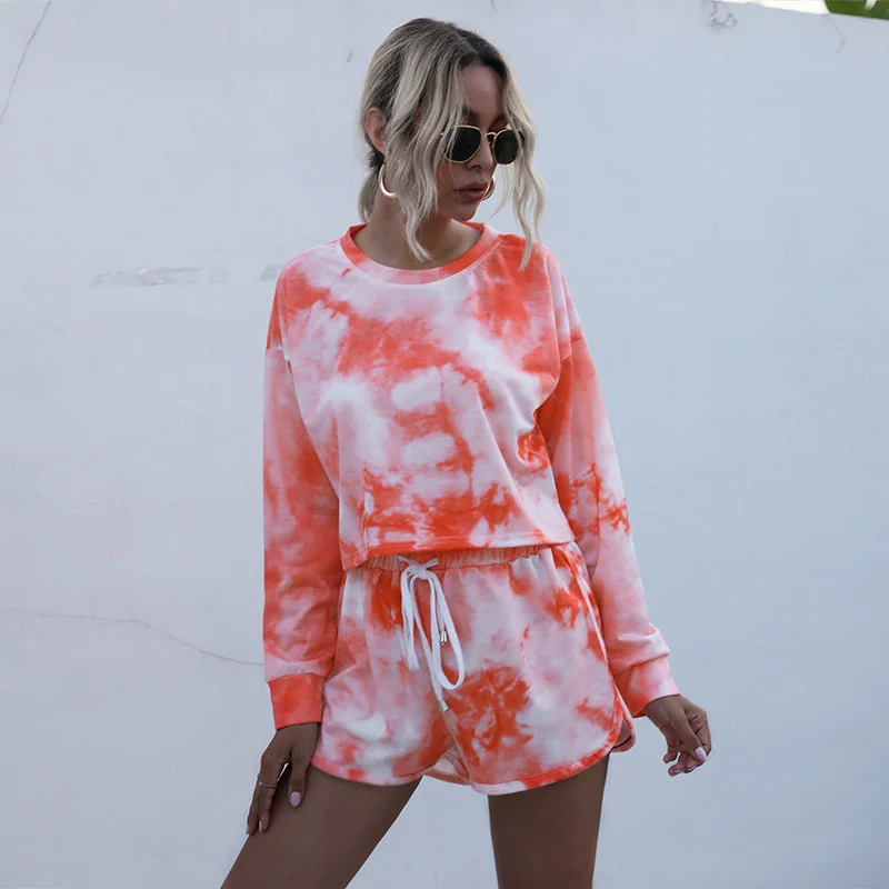 Two piece casual tie dye printed t-shirt shorts set