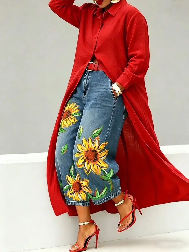 Women's Abstract Art Print Casual Loose Wide-leg Denim Pants