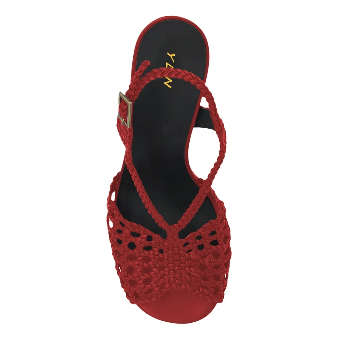 Peep Toe Braided Cut-Out Red Buckled Flared High Heels Sandals