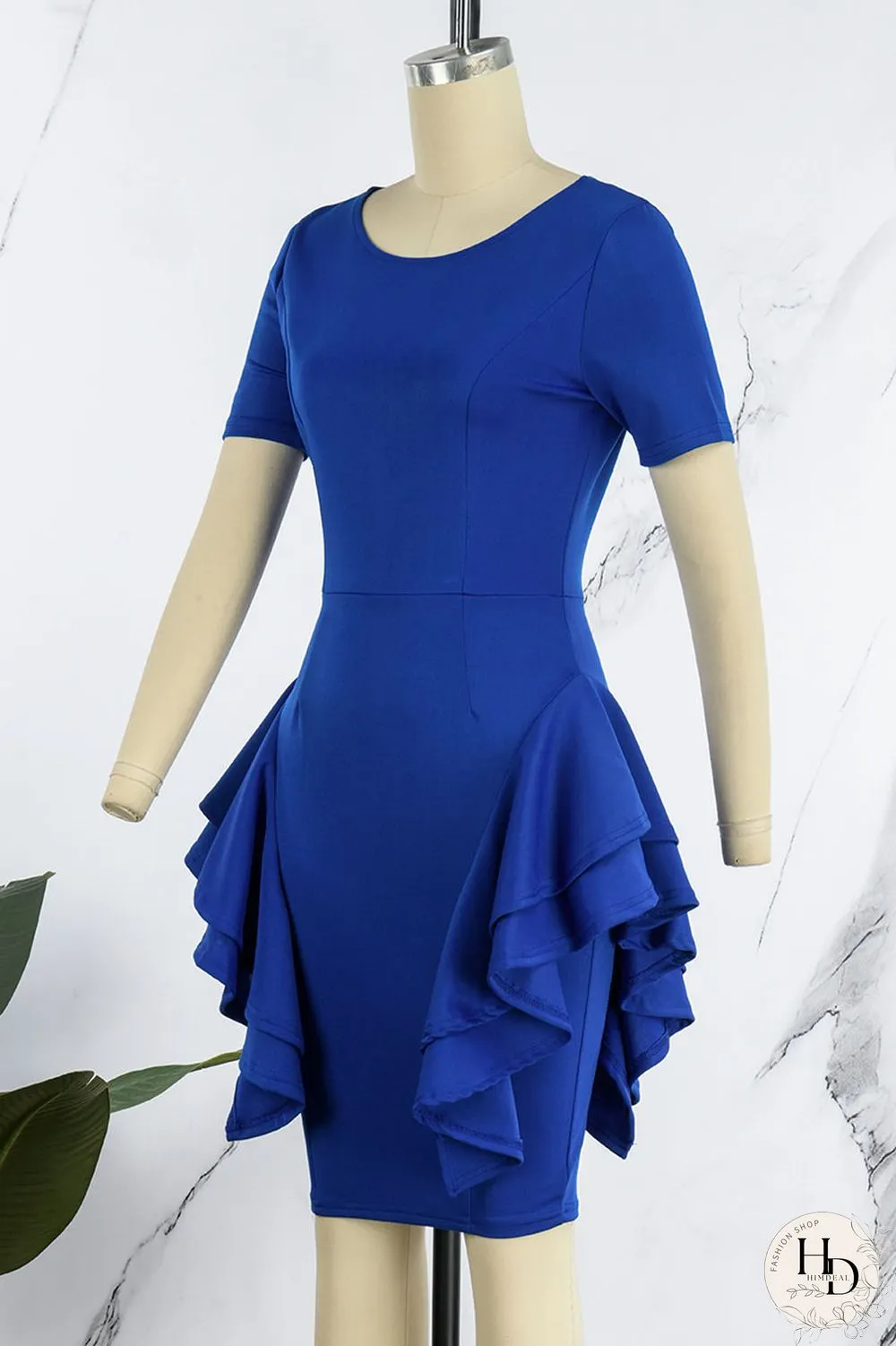 Blue Elegant Solid Patchwork Flounce O Neck Pencil Skirt Dresses(Without Belt)