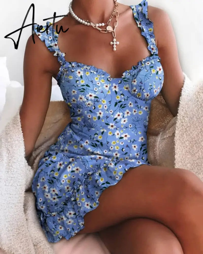 Boho Women Spaghetti Strap Floral Sundress Summer Sweet Lace Ruched Ruffles Tutu Mini Dress A-Line Lady Flowers Strapless Dress Aiertu