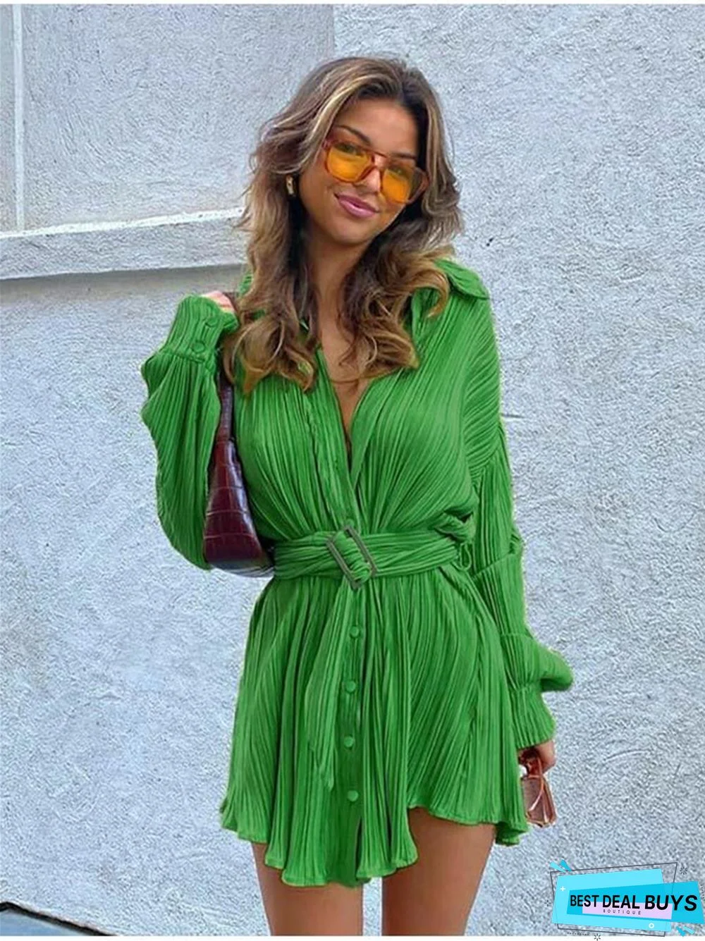 Loose Pleated Casual Single-Breasted Lace-Up Dress