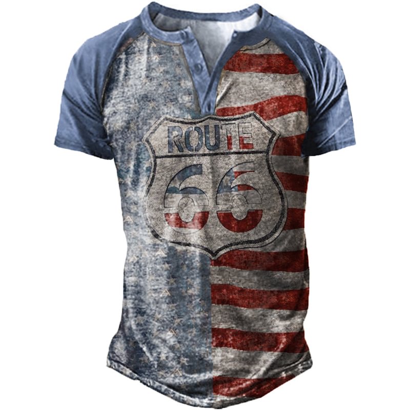 Men's Outdoor Route 66 Print Panel Henley Shirt