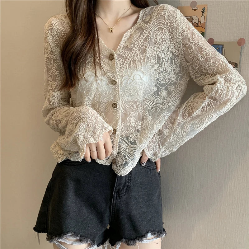 Korean Mesh Hollow Out Shirt Women Lace Sunscreen Summer Loose Sweet Cardigan Single-Breasted Chic Pretty Style Blouses Aiertu