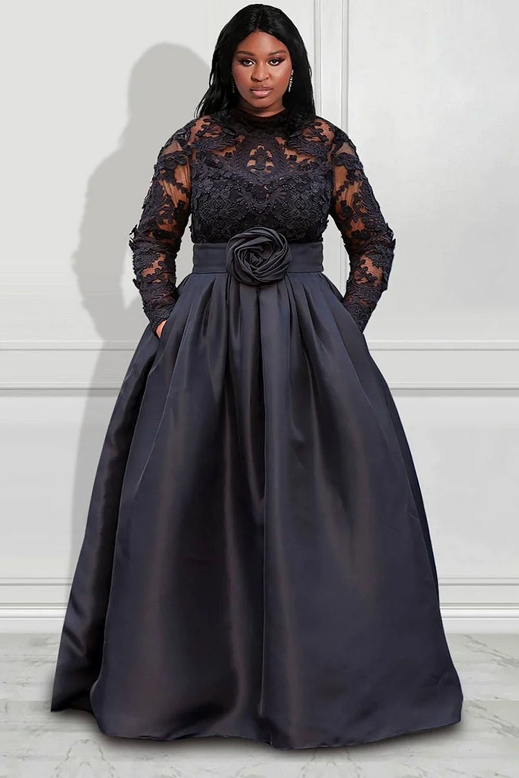 Plus Size Black Formal Lace Long Sleeve With Pocket Satin Maxi Dresses