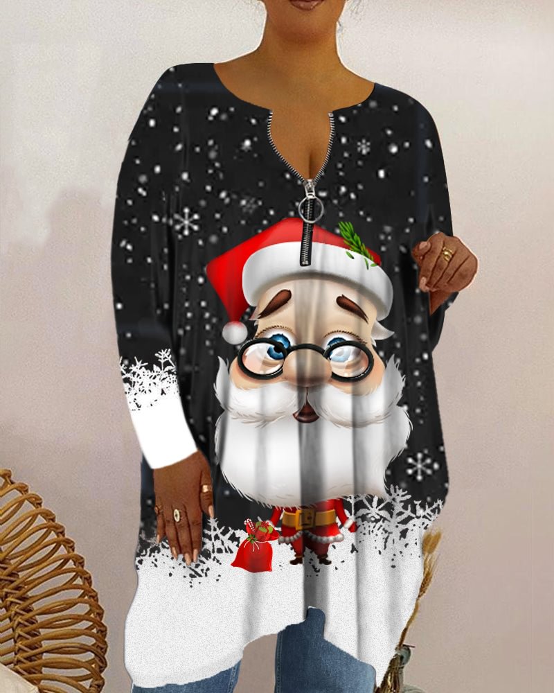 Fashion V-neck long-sleeved cartoon Santa Claus print plus size blouse