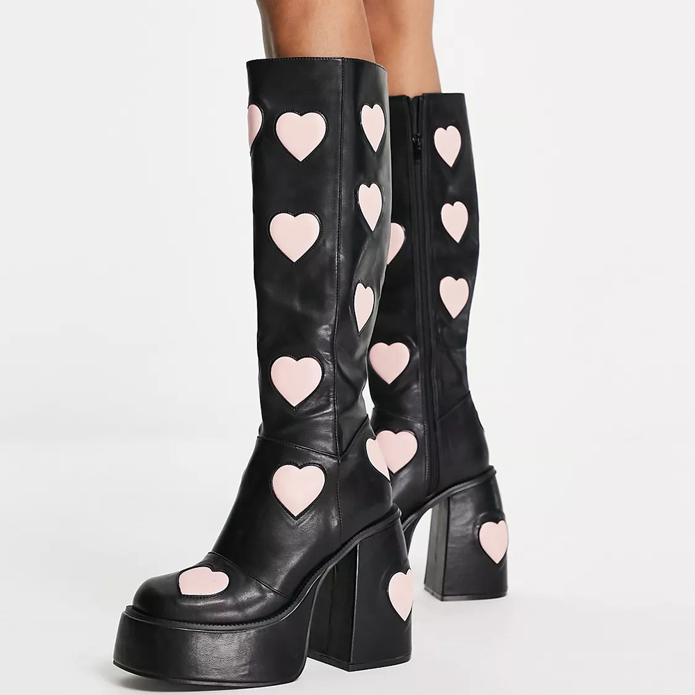 Women's Black Chunky Heel Pink Heart Inlay Y2K Platform Tall Boots Nicepairs