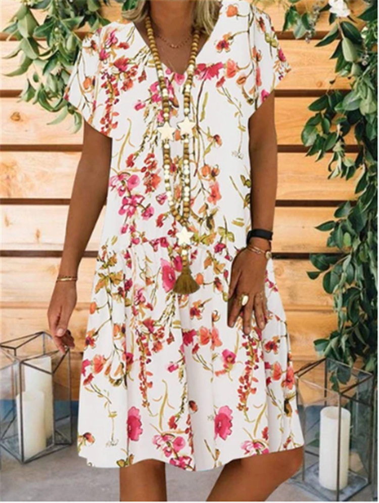 Linen Cotton Plus Size Loose V-neck Floral Print Short Sleeve Midi Dress
