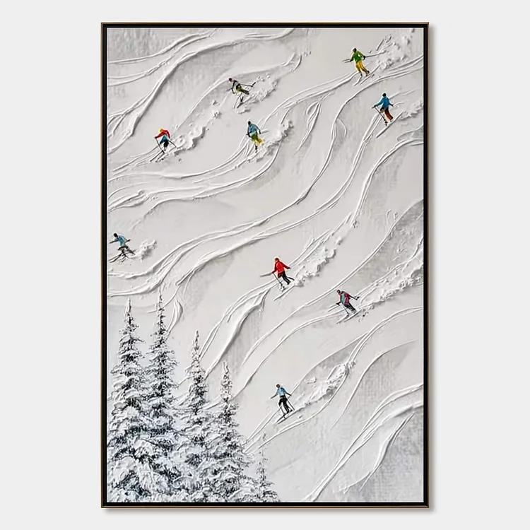 ALPINE RUSH: Textured Impasto Painting of Skiers on a Snowy Mountain（Canvas painting）