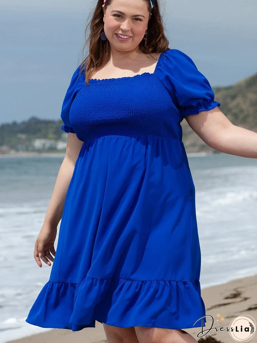 Dark Blue Shirred Ruffled Square Neck Plus Size Mini Dress