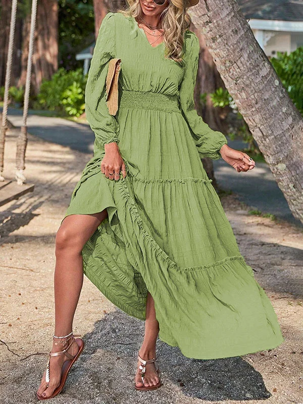 Split-Joint Solid Color Elasticity Puff Sleeves Loose V-Neck Maxi Dresses