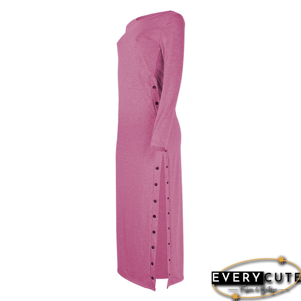 Rosy Button High Split Long Casual Dress