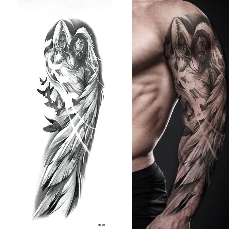 Sdrawing Full Arm Tattoo Lion Crown King Rose Waterproof Temporary Tatoo Sticker Wild Wolf Tiger Men Skull Totem Tattoo 430-1