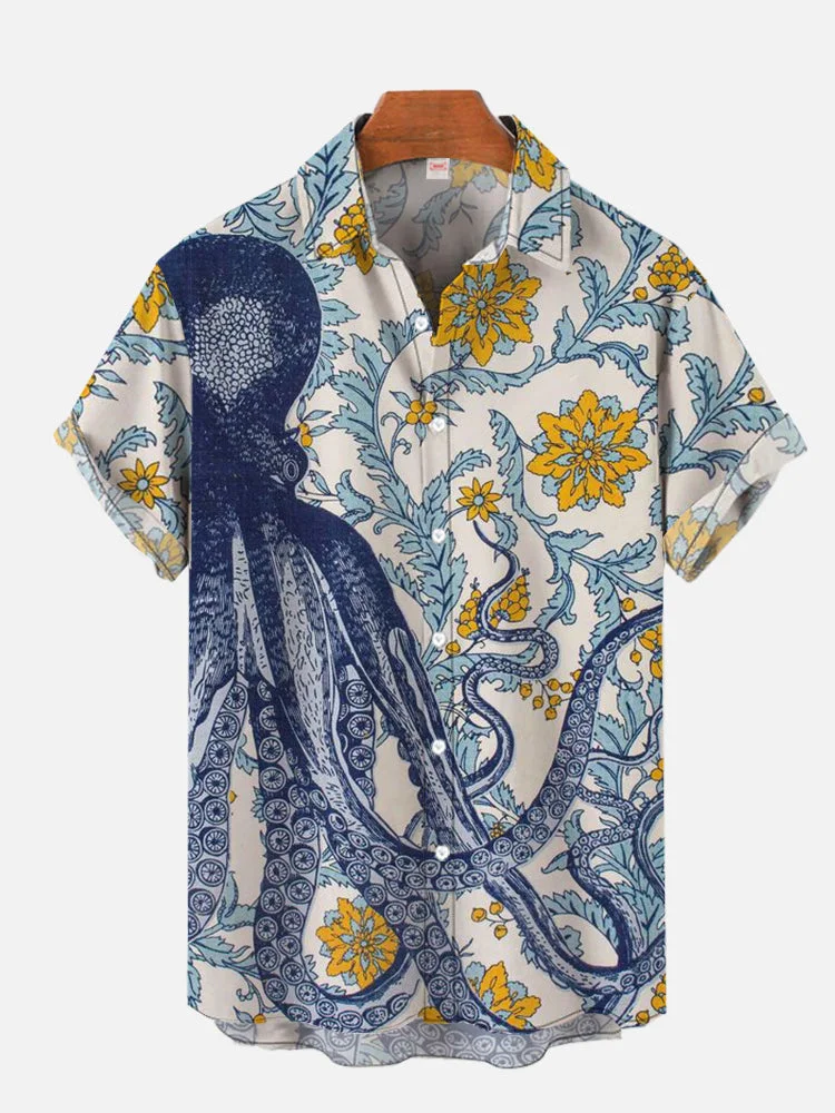 Hawaiian Summer Yellow Flower, Vineman And Octopus Printing Short Sleeve Shirt socialshop