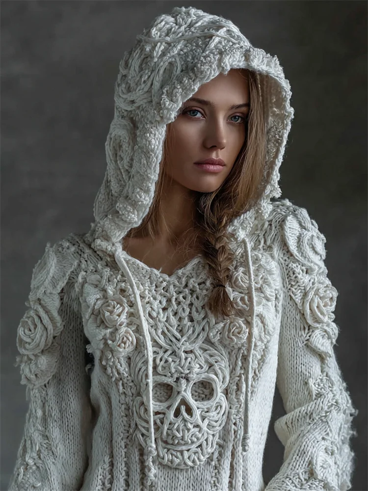Vintage White Roses Viking Celtic Skull Hooded Cozy Knit Sweater