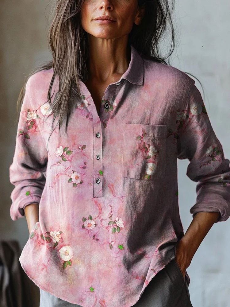 Women's Lovely Floral Art Print Casual Cotton And Linen Shirt