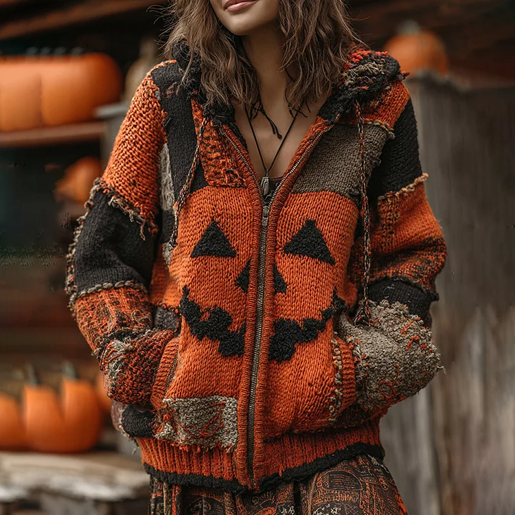 Patchwork Halloween Pumpkin Face Art  Cozy Knit Hooded Cardigan