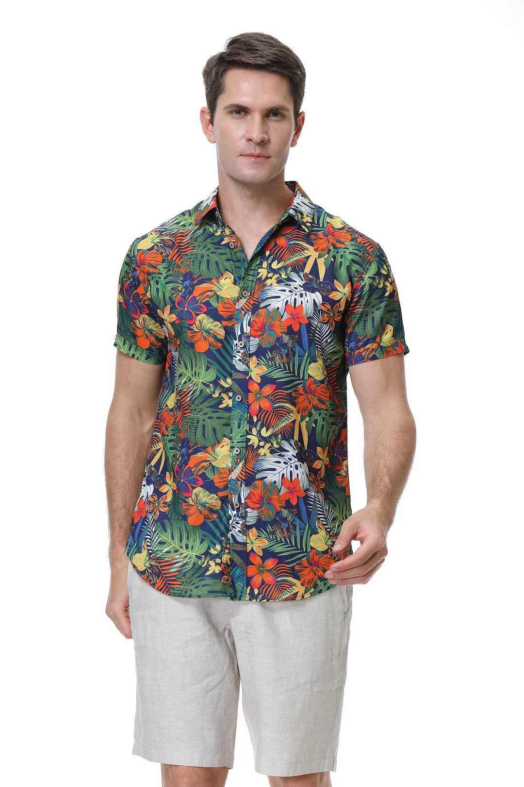 Men's Aloha Beach Shirt Navy Leaf Alex Vando Fashion