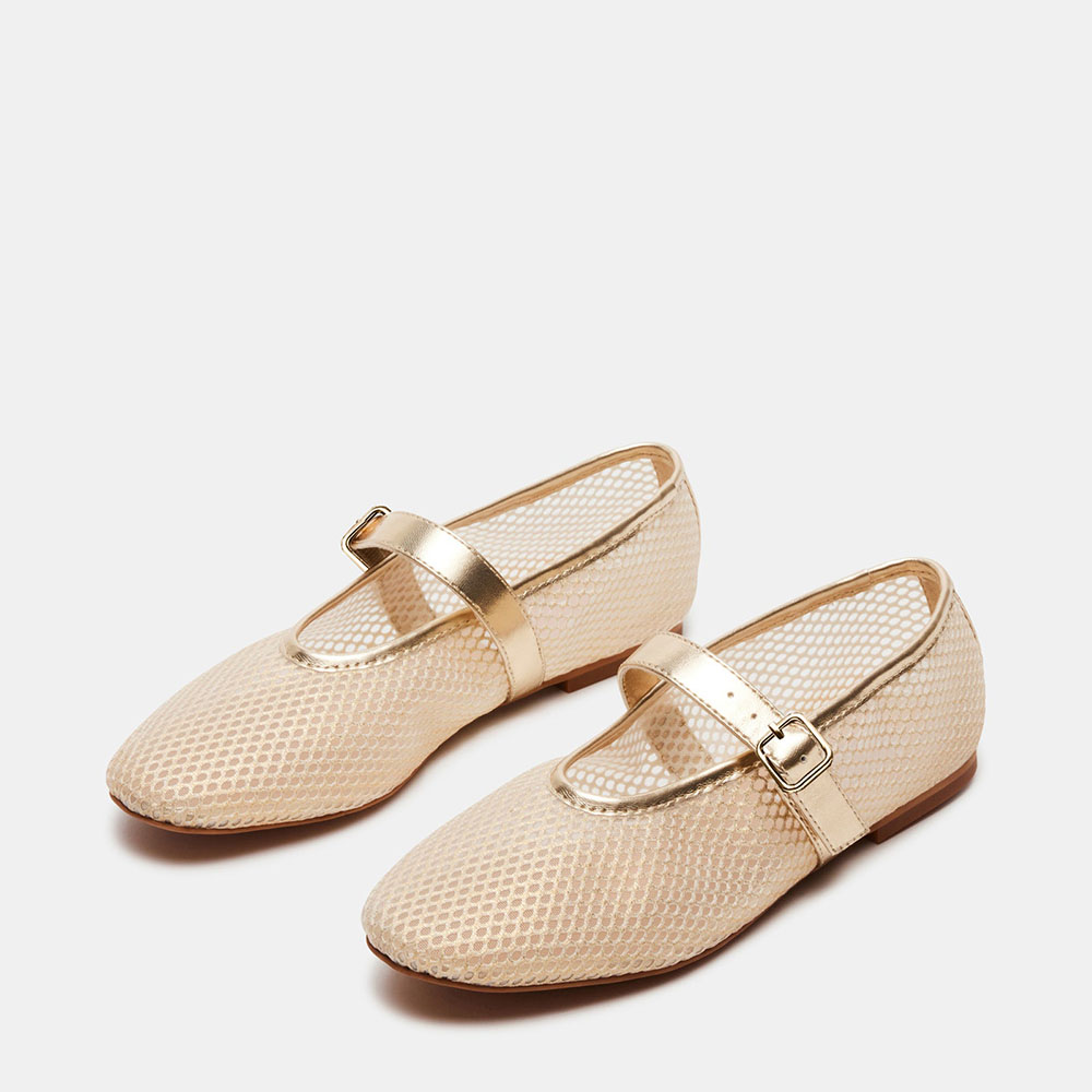 Gold Fishnet Round Toe Flat Lining Buckle Strappy Ballet Shoes Nicepairs