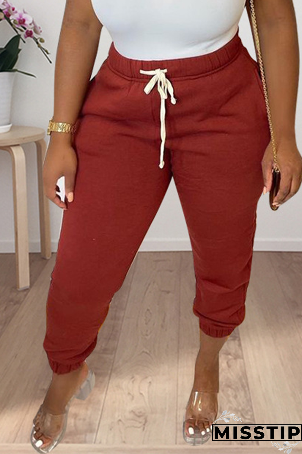 Burgundy Casual Solid Patchwork Harlan Mid Waist Harlan Solid Color Bottoms