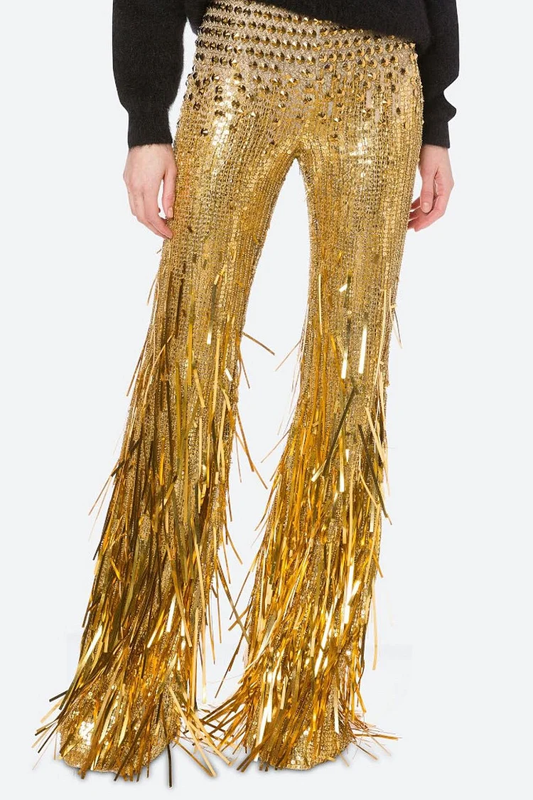 Rivet Fringe Sequin Flare Pants-Gold [Pre-Order]