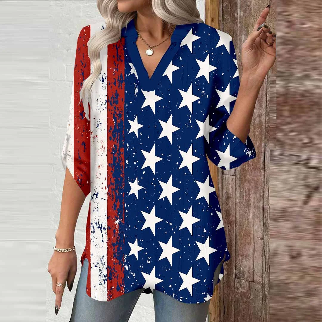 Women  Independence Day, Star, Striped, Blue, Red DZGA0240 3/4 Sleeve V-neck Printed Graphic Button Tops