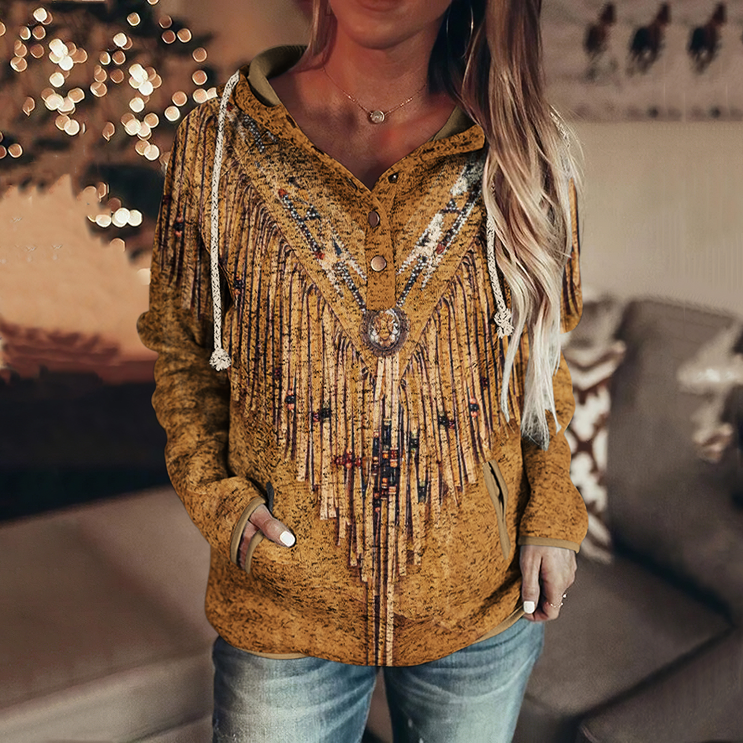  Western Vintage Tassels Art Pattern Button Up Hoodie Westsshops