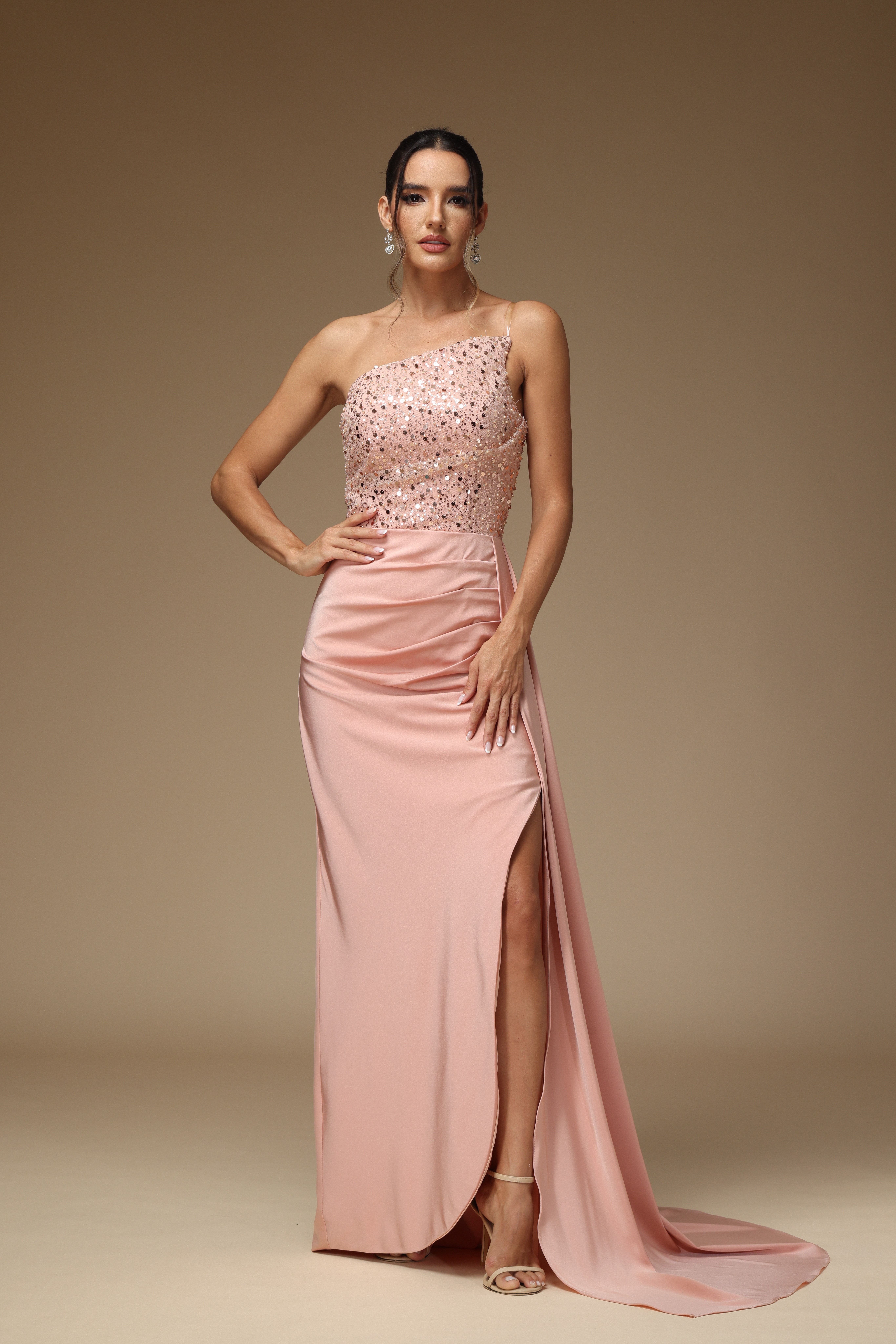 Hot Pink Prom Dress High Slit  Sleeveless  With Sequins Risias