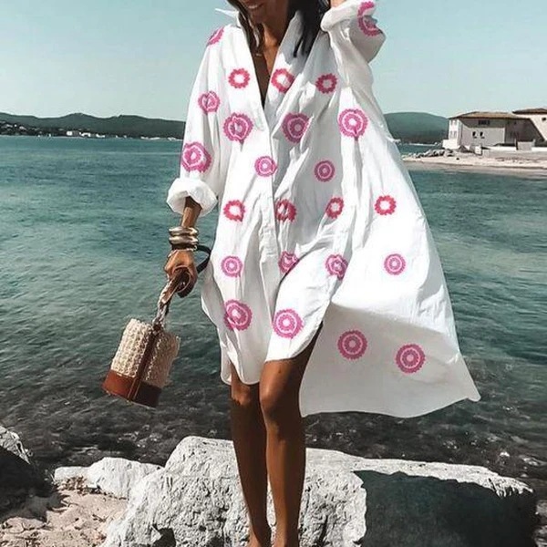 Color Flowers Printed Shirts Dresses Women Fashion Temperament Commuting Loose Midi Shirts Dress Lady Vestidos Spring Summer New