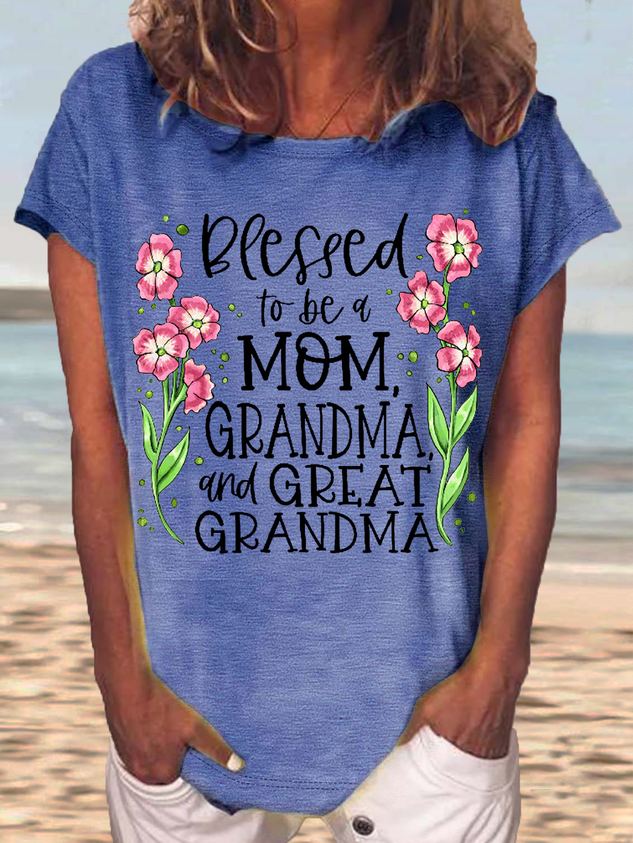 Women's Blessed to Be a Mom Grandma and Great Grandma Casual Crew Neck Letters T-Shirt socialshop