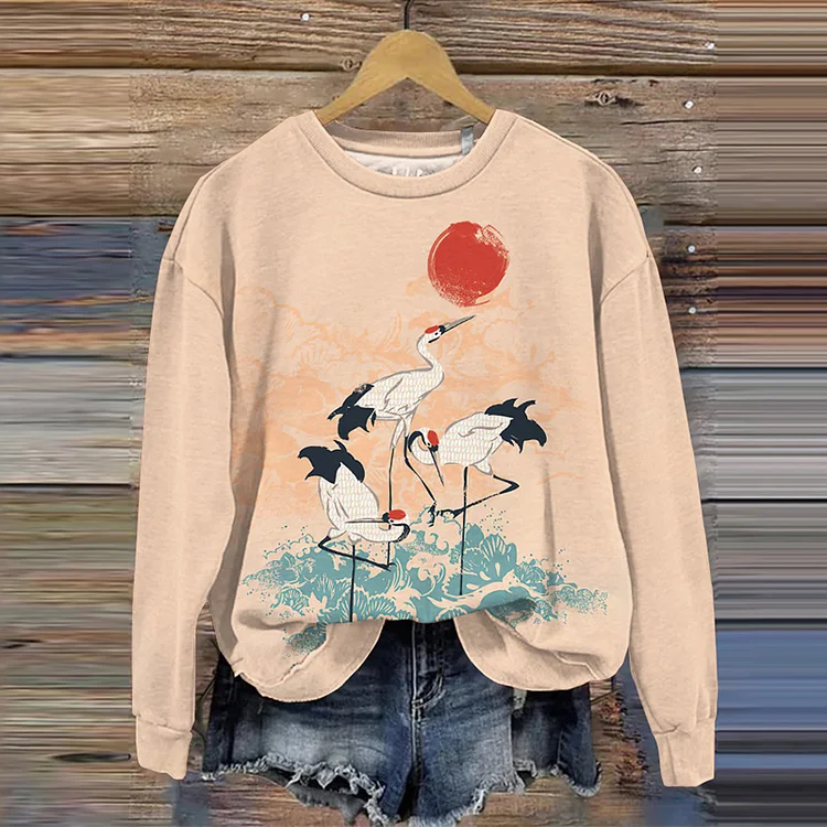 Comstylish Crane Print Casual Crew Neck Sweatshirt