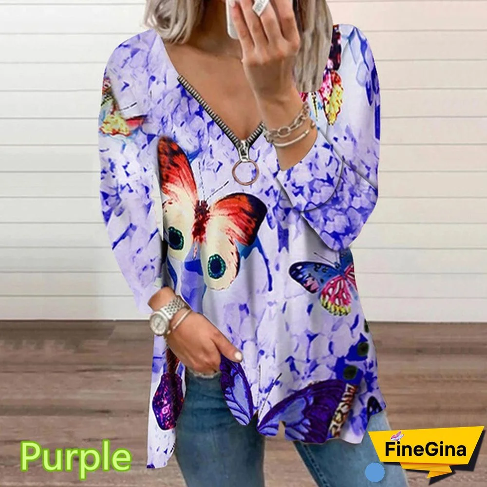 Spring and Early Autumn New Fashion Women's Butterfly Printed Casual Plus Size Long Sleeve Zipper V-neck Top Loose Soft and Comfortable Long Sleeve Bottoming Shirt XS-5XL