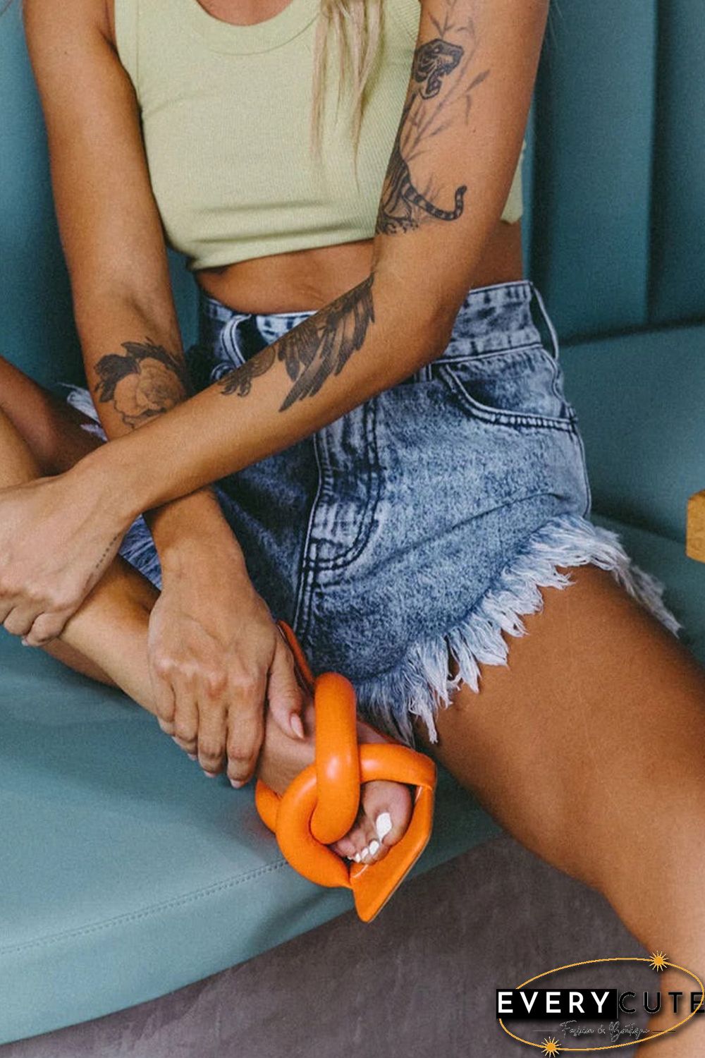 Sky Blue Dark Acid Wash Raw Hem Jean Shorts