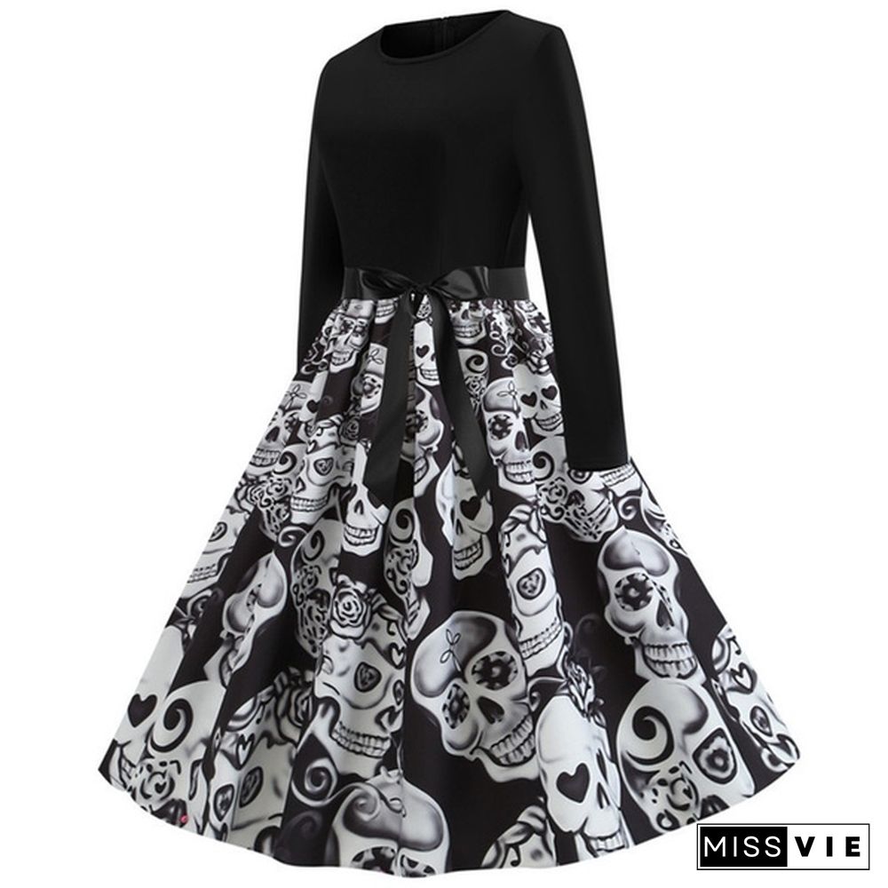 Fashion Women Christmas Swing Party Dress Printing Long sleeve Festival prom belt evening
