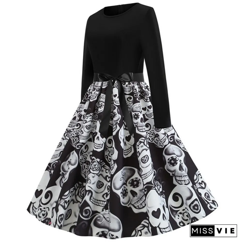 Fashion Women Christmas Swing Party Dress Printing Long sleeve Festival prom belt evening