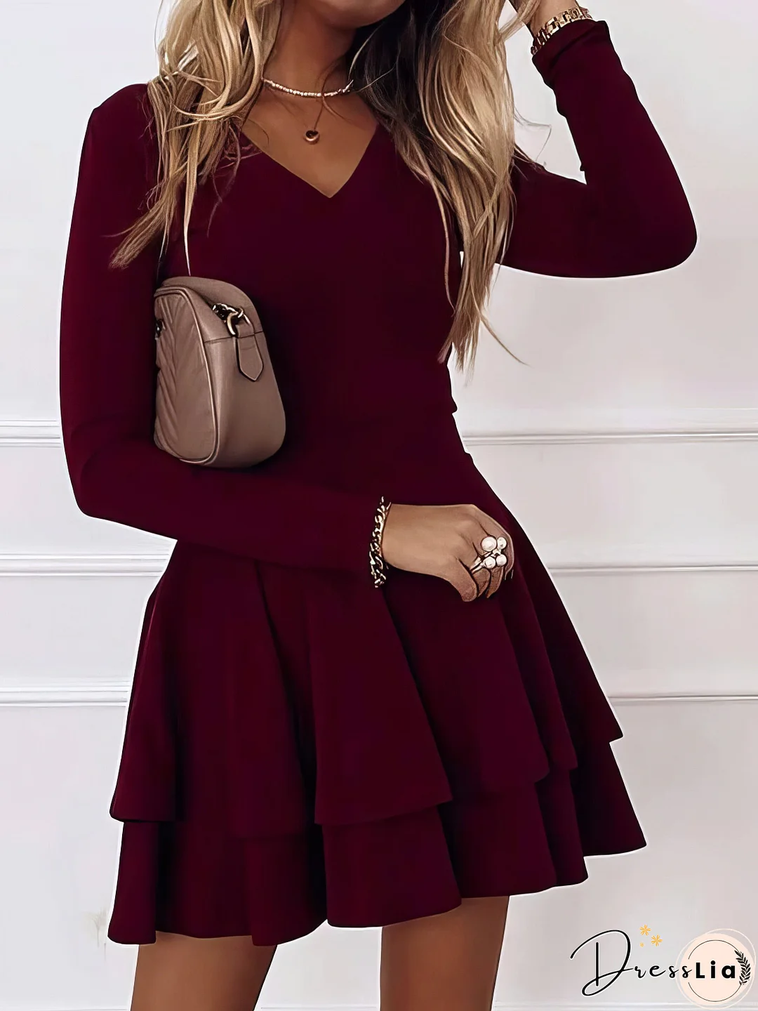 Casual V-Neck Long Sleeve Commuter Dress