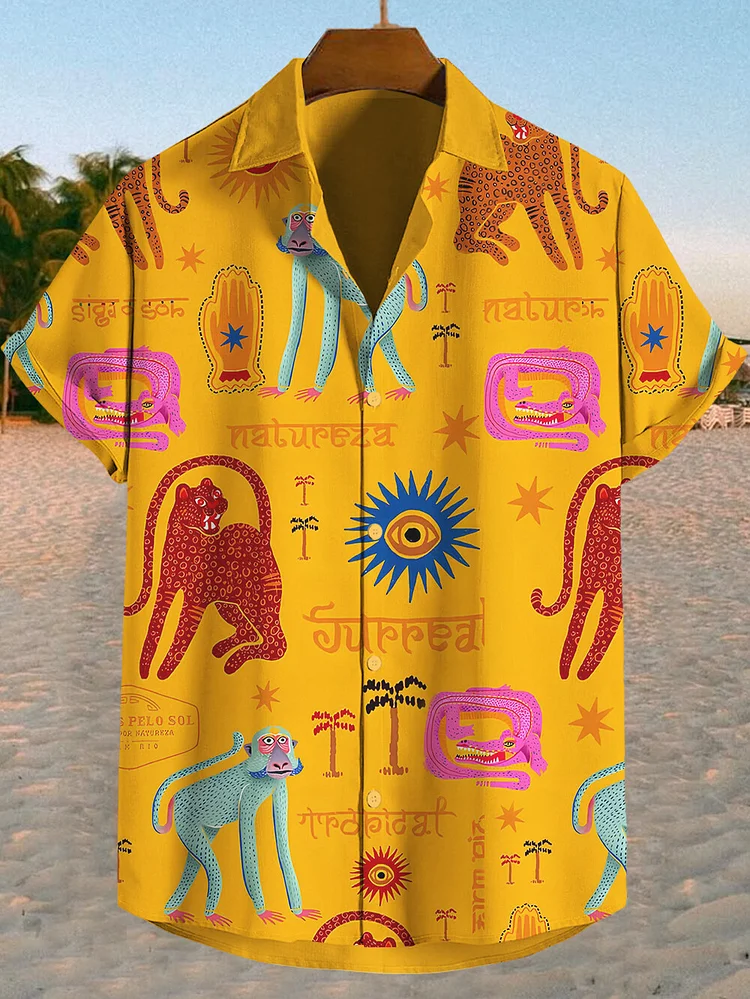 Men's Hawaiian Tropical Animal Print Short Sleeve Shirt