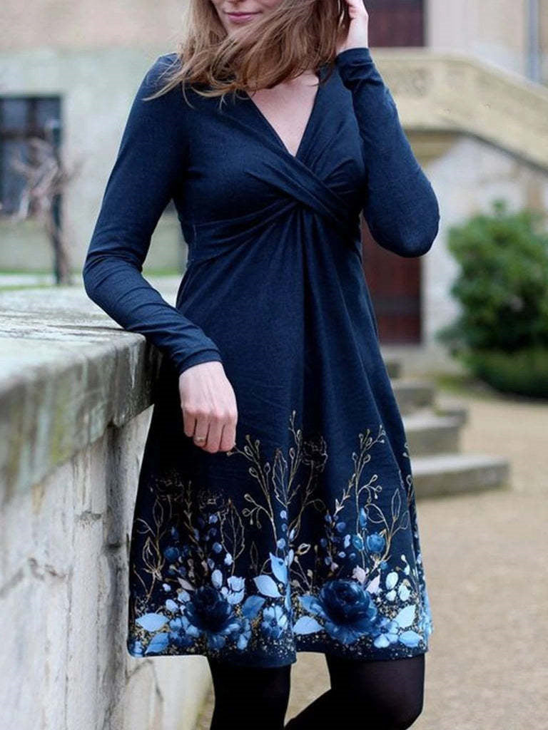 Women Long Sleeve V-neck Graphic Floral Printed Top
